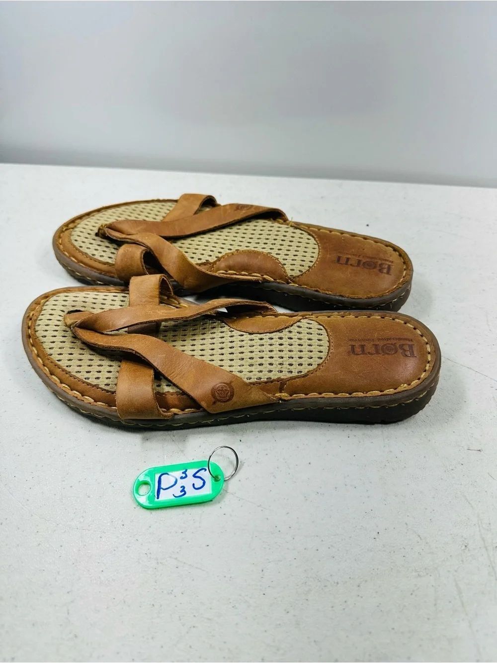 Born Tan Leather Crisscross Slide Sandals